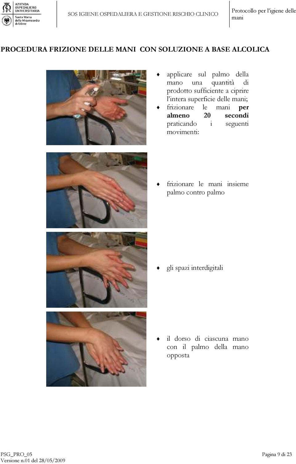 almeno 20 secondi praticando i seguenti movimenti: frizionare le insieme palmo contro palmo