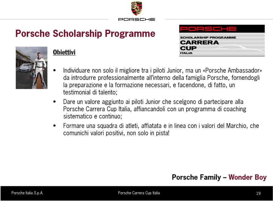 Junior che scelgono di partecipare alla Porsche Carrera Cup Italia, affiancandoli con un programma di coaching sistematico e continuo; Formare una squadra di atleti,