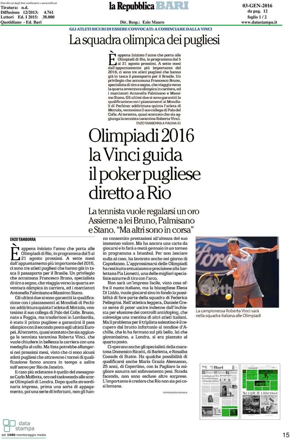 I 2015: 38.000 Quotidiano - Ed. Bari Dir. Resp.