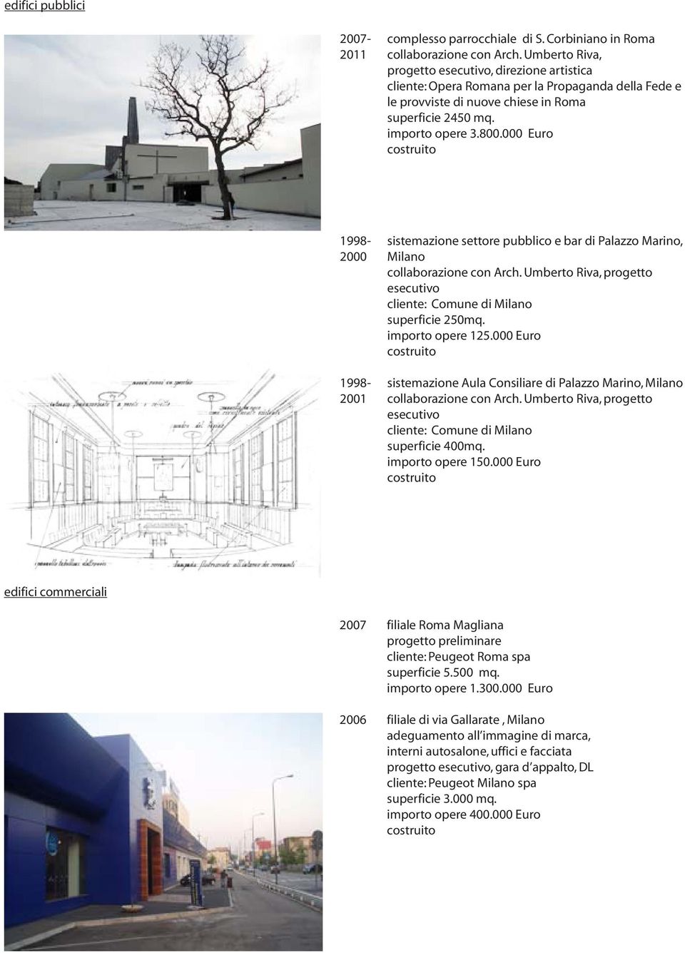 000 Euro 1998- sistemazione settore pubblico e bar di Palazzo Marino, 2000 Milano collaborazione con Arch. Umberto Riva, progetto esecutivo cliente: Comune di Milano superficie 250mq.