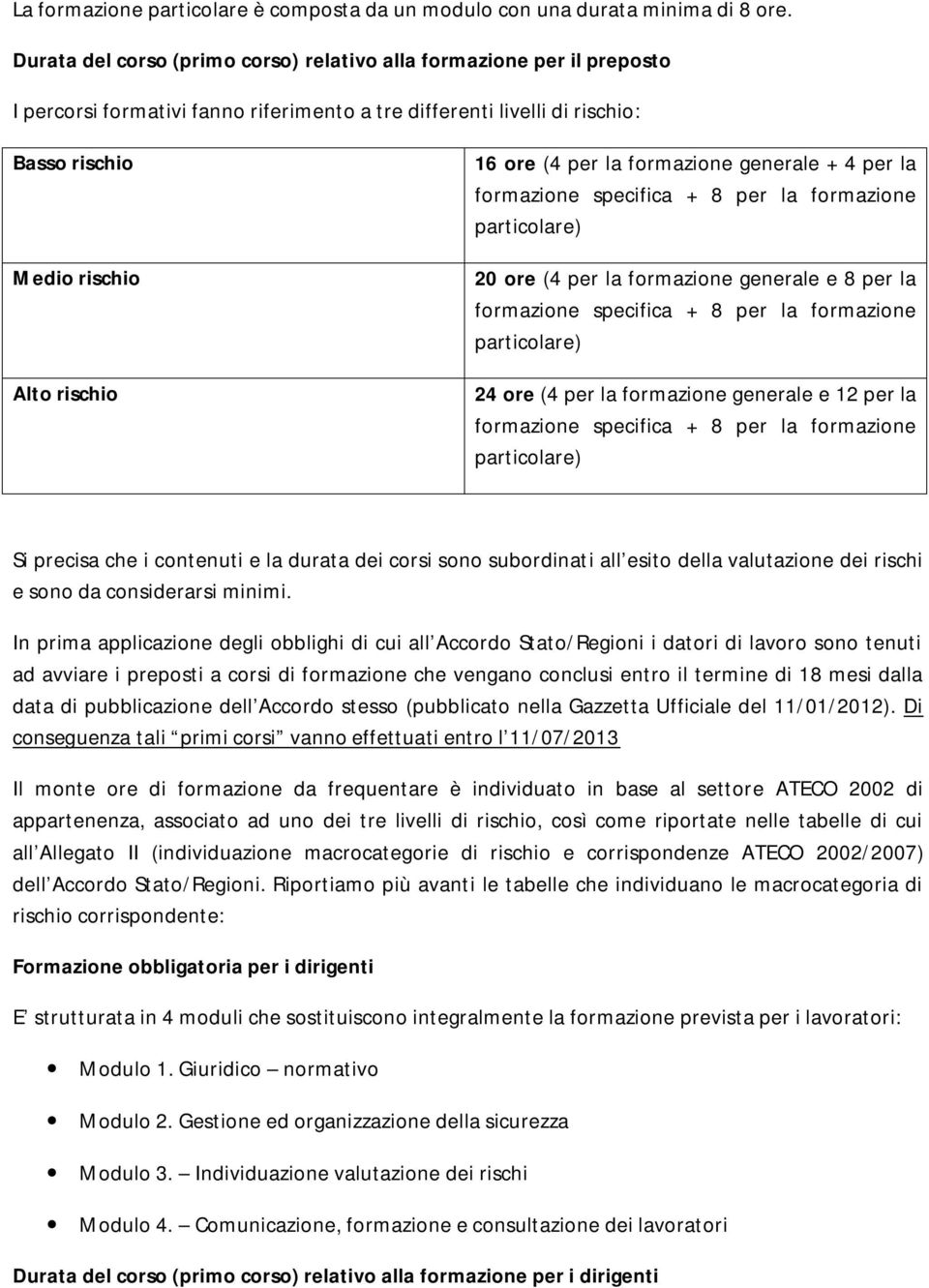 per la formazione generale + 4 per la formazione specifica + 8 per la formazione particolare) 20 ore (4 per la formazione generale e 8 per la formazione specifica + 8 per la formazione particolare)