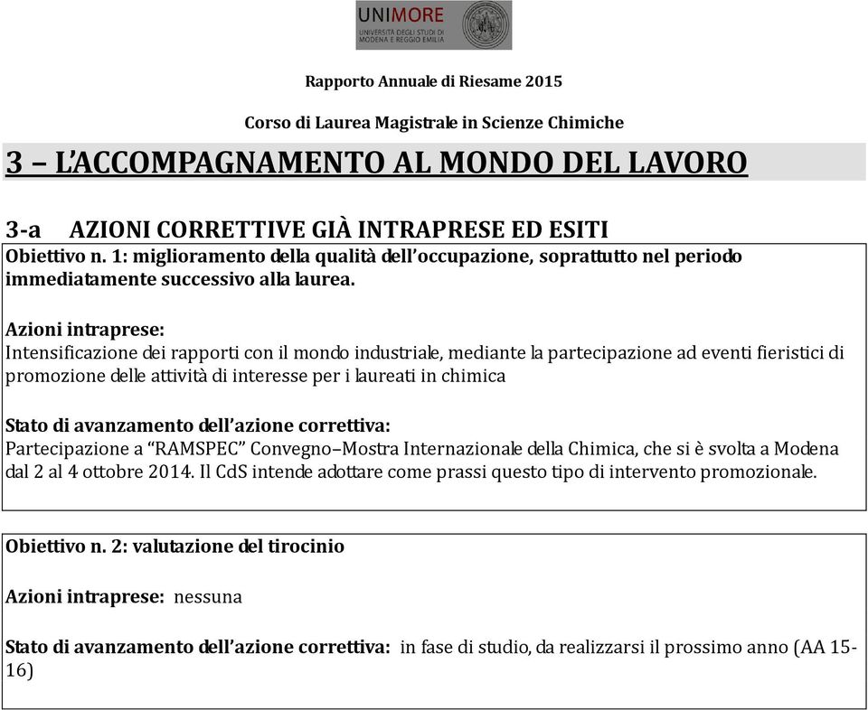 Azioni intraprese: Intensificazione dei rapporti con il mondo industriale, mediante la partecipazione ad eventi fieristici di promozione delle attività di interesse per i laureati in chimica Stato di