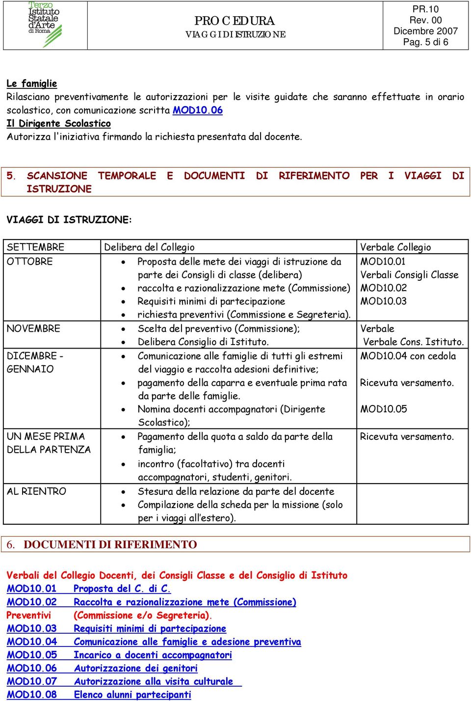 SCANSIONE TEMPORALE E DOCUMENTI DI RIFERIMENTO PER I VIAGGI DI ISTRUZIONE : SETTEMBRE Delibera del Collegio Verbale Collegio OTTOBRE Proposta delle mete dei viaggi di istruzione da parte dei Consigli