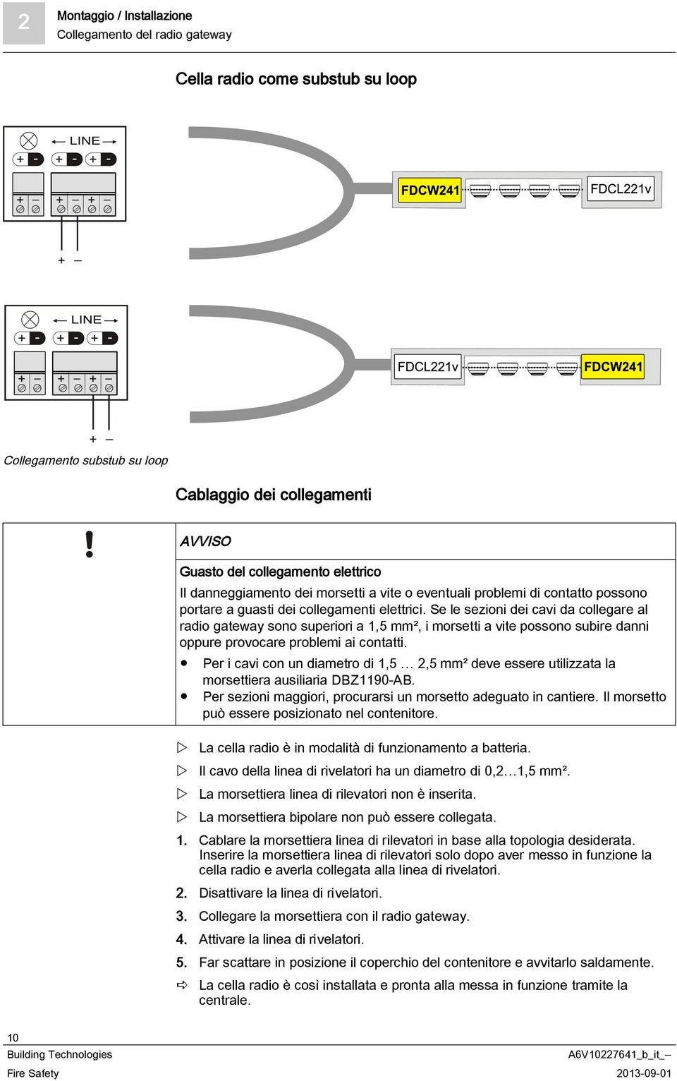 Se le sezioni dei cavi da collegare al radio gateway sono superiori a 1,5 mm², i morsetti a vite possono subire danni oppure provocare problemi ai contatti.