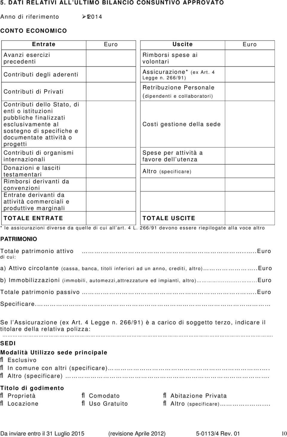 internazionali Donazioni e lasciti testamentari Rimborsi derivanti da convenzioni Entrate derivanti da attività commerciali e produttive marginali TOTALE ENTRATE Assicurazione* (e x Art. 4 Leg ge n.