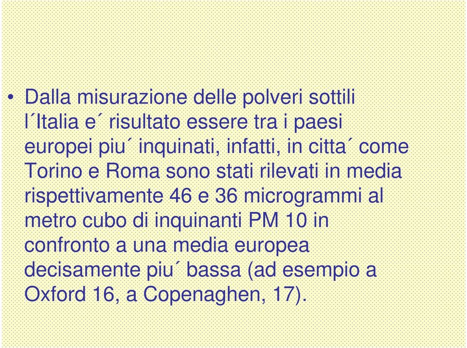 media rispettivamente 46 e 36 microgrammi al metro cubo di inquinanti PM 10 in