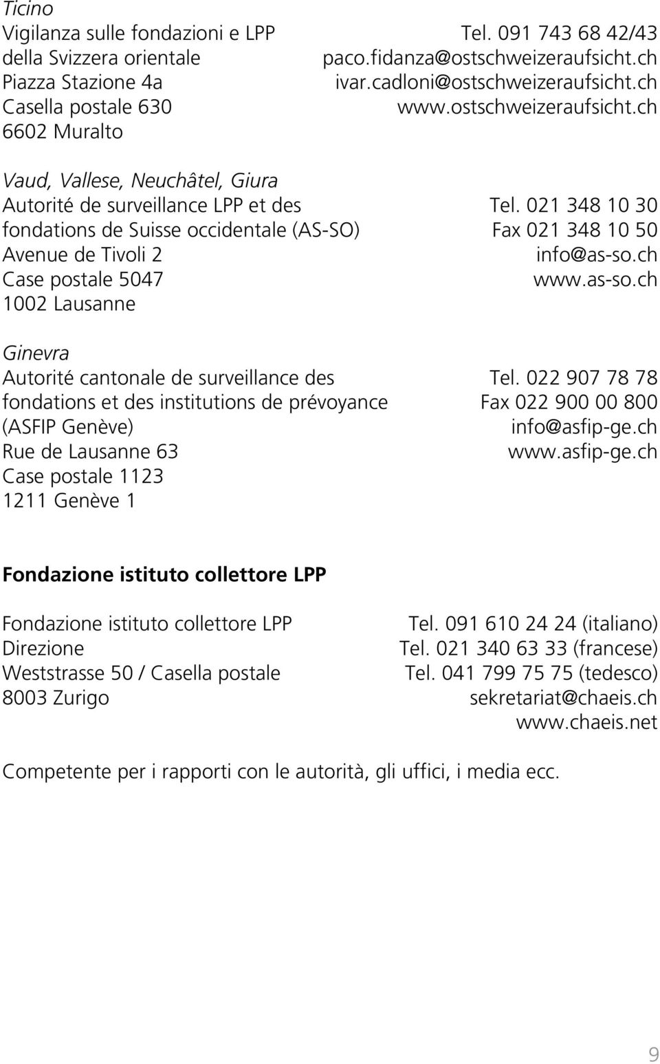 021 348 10 30 fondations de Suisse occidentale (AS-SO) Fax 021 348 10 50 Avenue de Tivoli 2 info@as-so.ch Case postale 5047 www.as-so.ch 1002 Lausanne Ginevra Autorité cantonale de surveillance des Tel.