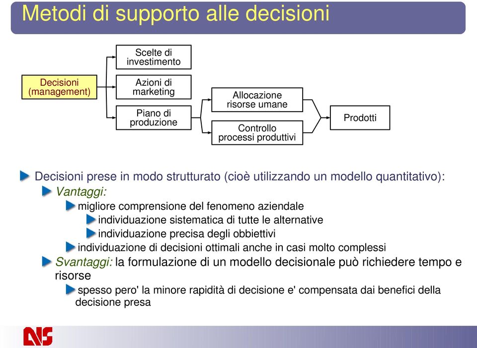 individuazione sistematica di tutte le alternative individuazione precisa degli obbiettivi individuazione di decisioni ottimali anche in casi molto complessi