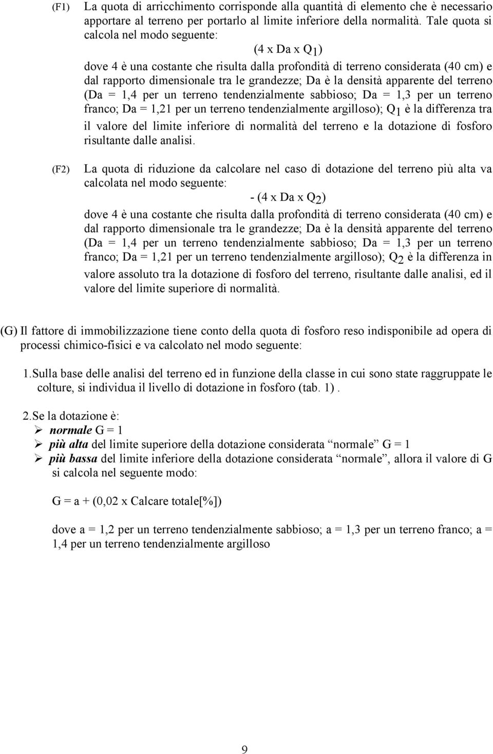 densità apparente del terreno (Da = 1,4 per un terreno tendenzialmente sabbioso; Da = 1,3 per un terreno franco; Da = 1,21 per un terreno tendenzialmente argilloso); Q 1 è la differenza tra il valore