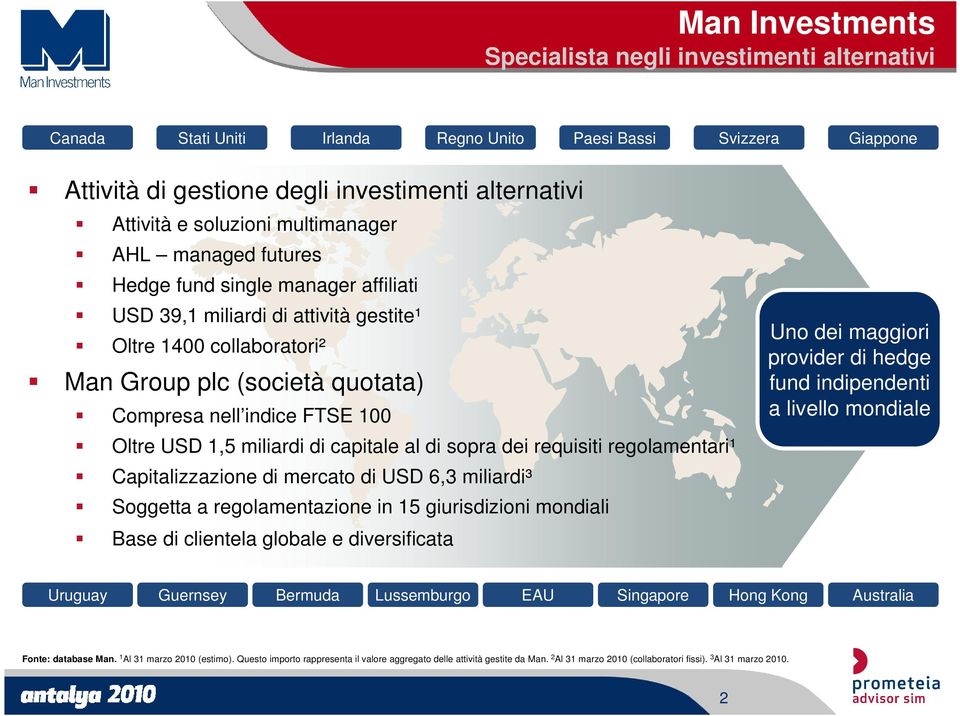 FTSE 100 Oltre USD 1,5 miliardi di capitale al di sopra dei requisiti regolamentari¹ Capitalizzazione di mercato di USD 6,3 miliardi³ Soggetta a regolamentazione in 15 giurisdizioni mondiali Base di