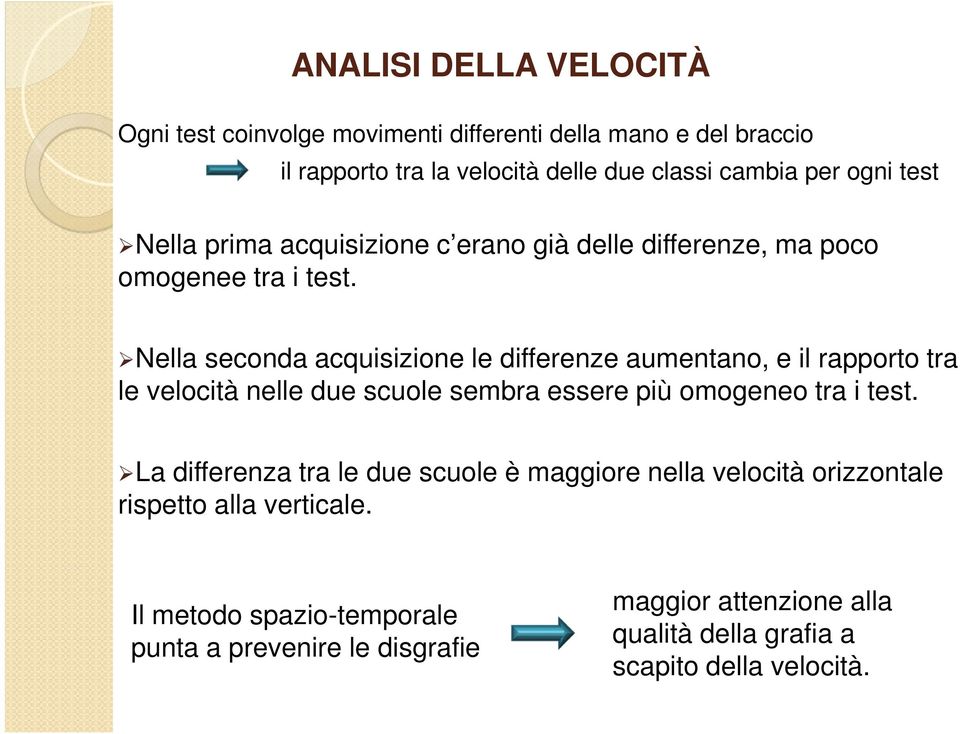 Nella seconda acquisizione le differenze aumentano, e il rapporto tra le velocità nelle due scuole sembra essere più omogeneo tra i test.