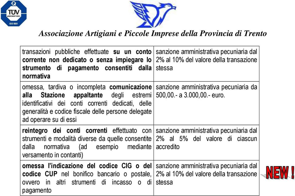 strumenti e modalità diverse da quelle consentite dalla normativa (ad esempio mediante versamento in contanti) omessa l indicazione del codice CIG o del codice CUP nel bonifico bancario o postale,