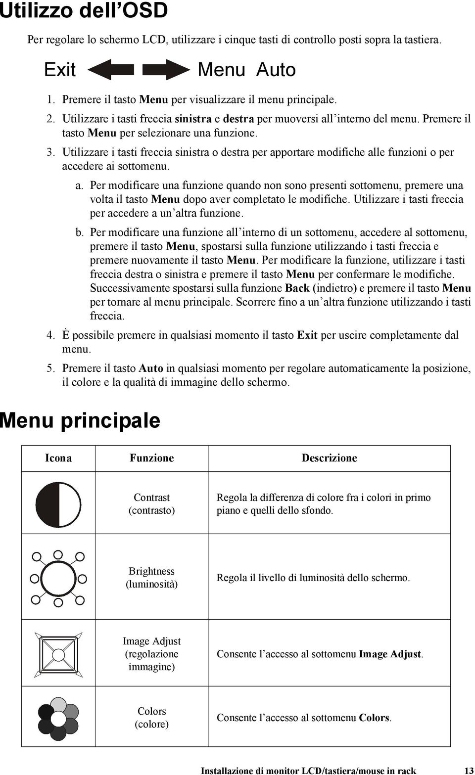 Utilizzare i tasti freccia sinistra o destra per apportare modifiche alle funzioni o per accedere ai sottomenu. a. Per modificare una funzione quando non sono presenti sottomenu, premere una volta il tasto Menu dopo aver completato le modifiche.