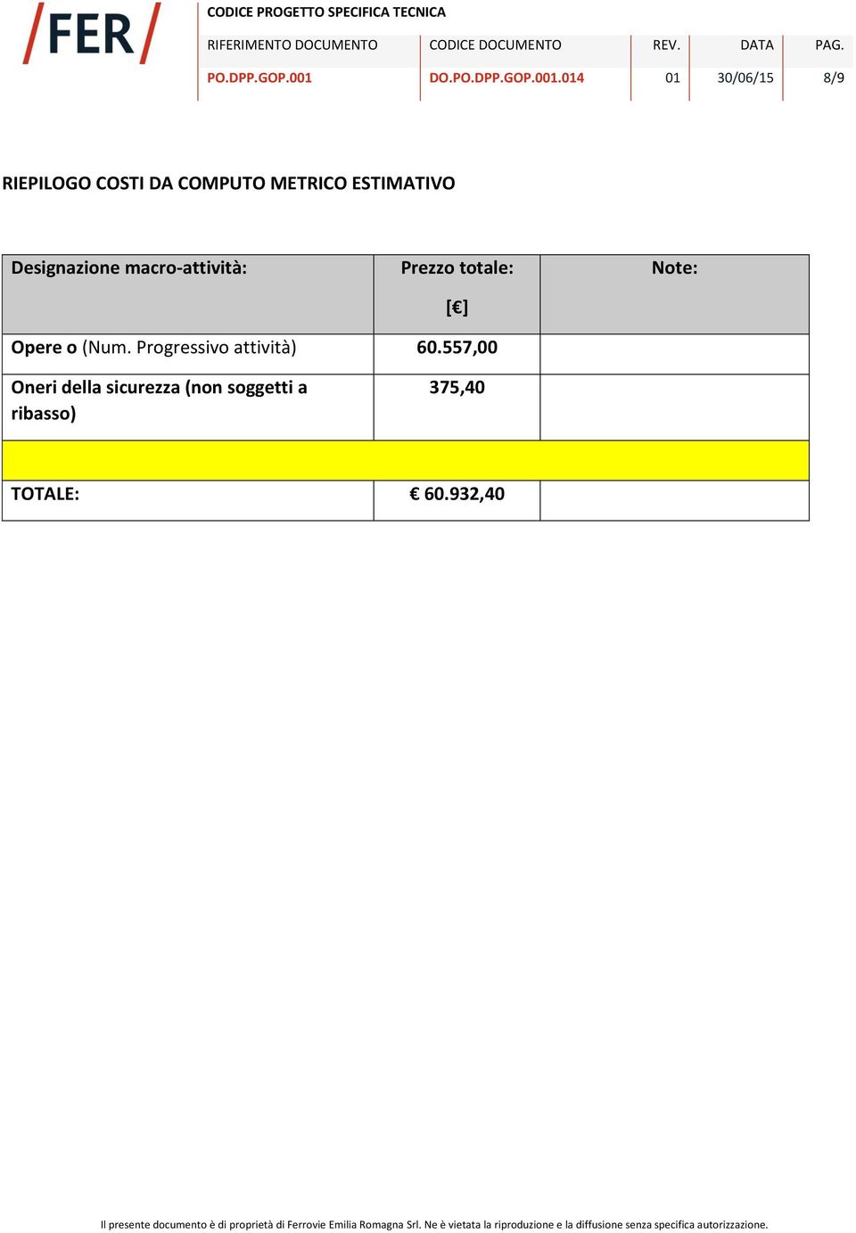 014 01 30/06/15 8/9 RIEPILOGO COSTI DA COMPUTO METRICO ESTIMATIVO