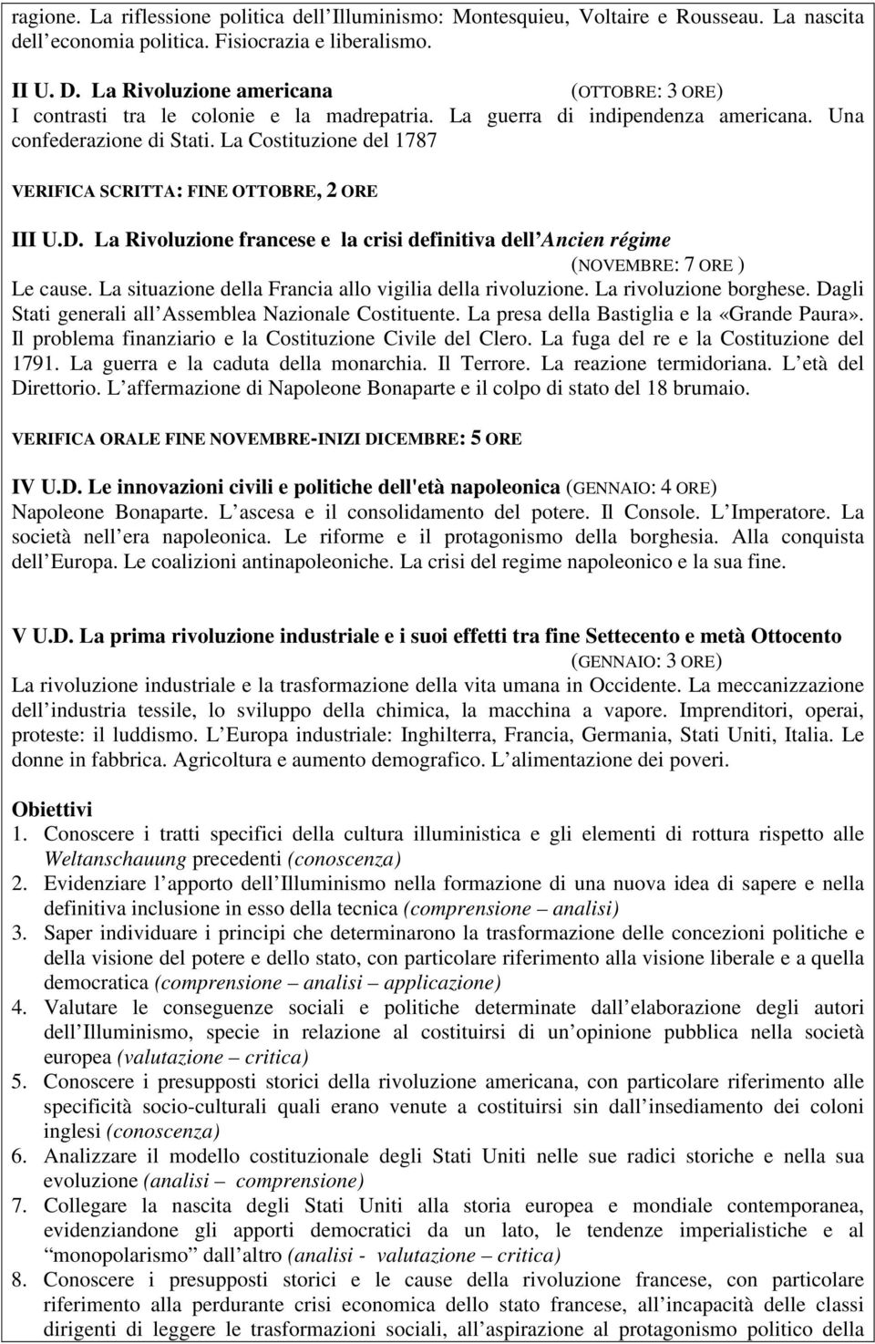 La Costituzione del 1787 VERIFICA SCRITTA: FINE OTTOBRE, 2 ORE III U.D. La Rivoluzione francese e la crisi definitiva dell Ancien régime (NOVEMBRE: 7 ORE ) Le cause.