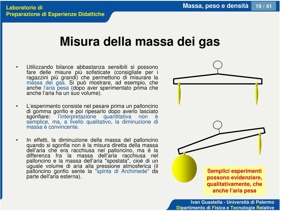 L esperimento consiste nel pesare prima un palloncino di gomma gonfio e poi ripesarlo dopo averlo lasciato sgonfiare: l interpretazione quantitativa non è semplice, ma, a livello qualitativo, la