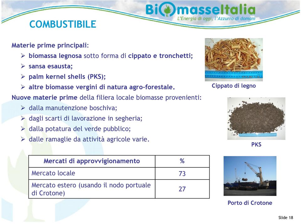 Nuove materie prime della filiera locale biomasse provenienti: dalla manutenzione boschiva; dagli scarti di lavorazione in segheria;