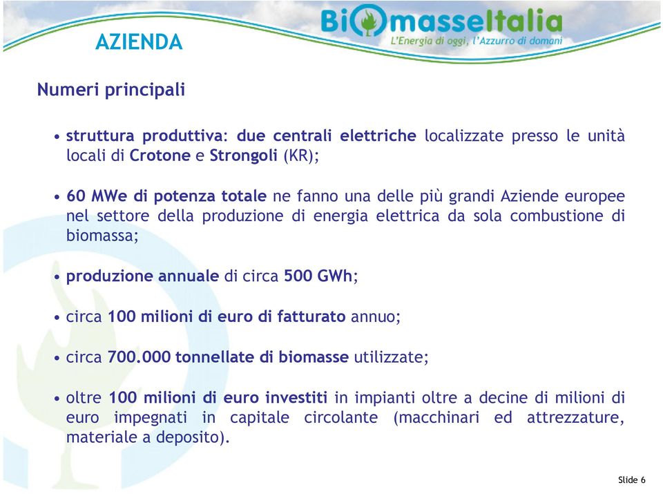 produzione annuale di circa 500 GWh; circa 100 milioni di euro di fatturato annuo; circa 700.