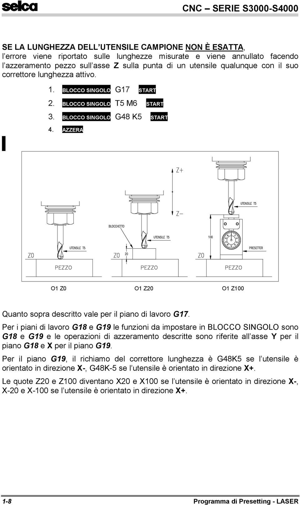 AZZERA O1 Z0 O1 Z20 O1 Z100 Quanto sopra descritto vale per il piano di lavoro G17.