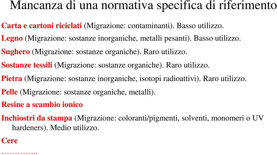 Sostanze tessili (Migrazione: sostanze organiche). Raro utilizzo. Pietra (Migrazione: sostanze inorganiche, isotopi radioattivi). Raro utilizzo. Pelle (Migrazione: sostanze organiche, metalli).