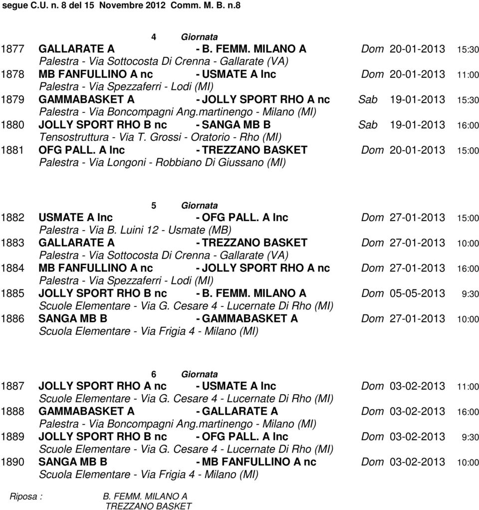 Tensostruttura - Via T. Grossi - Oratorio - Rho (MI) 1881 OFG PALL. A lnc - Dom 20-01-2013 15:00 5 Giornata - Dom 27-01-2013 15:00 1882 USMATE A lnc OFG PALL.