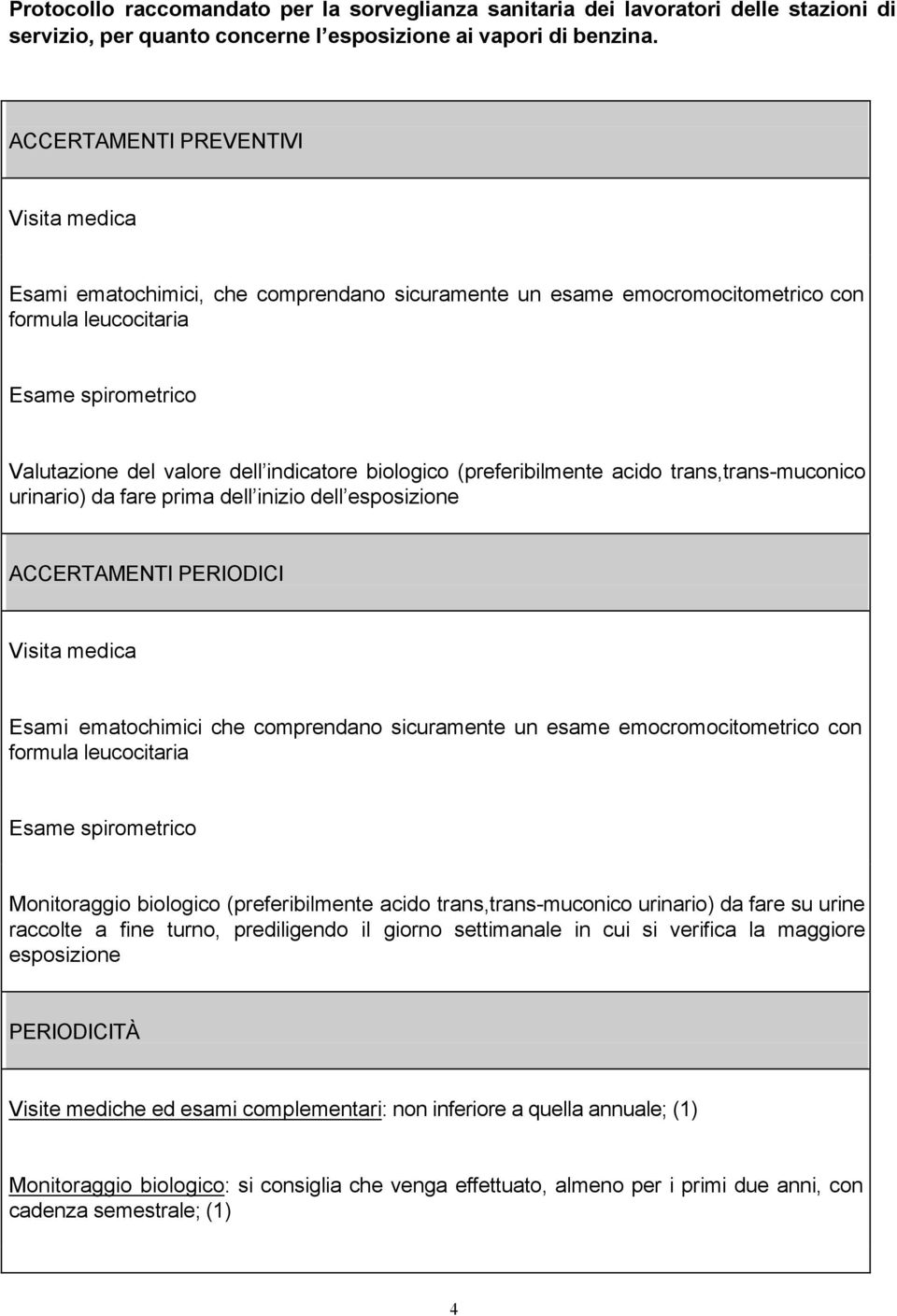 biologico (preferibilmente acido trans,trans-muconico urinario) da fare prima dell inizio dell esposizione ACCERTAMENTI PERIODICI Visita medica Esami ematochimici che comprendano sicuramente un esame