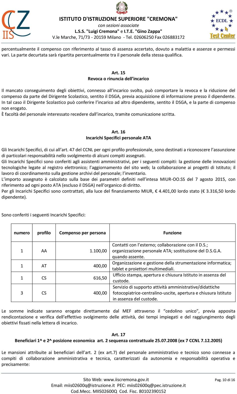 15 Revoca o rinuncia dell incarico Il mancato conseguimento degli obiettivi, connesso all incarico svolto, può comportare la revoca e la riduzione del compenso da parte del Dirigente Scolastico,