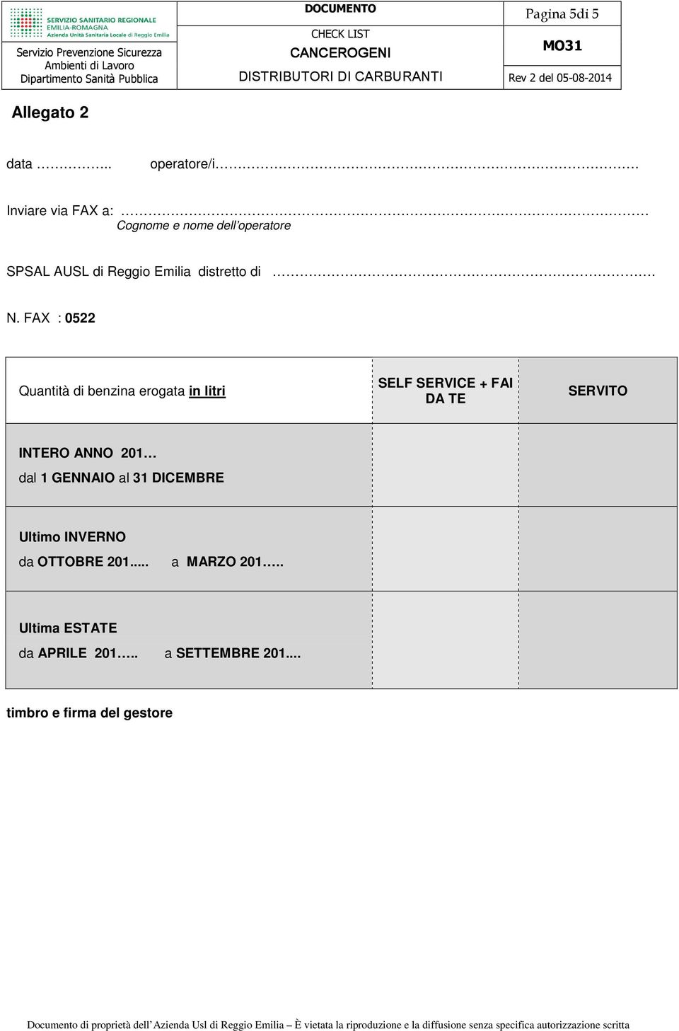 FAX : 0522 Quantità di benzina erogata in litri SELF SERVICE + FAI DA TE SERVITO INTERO ANNO 201