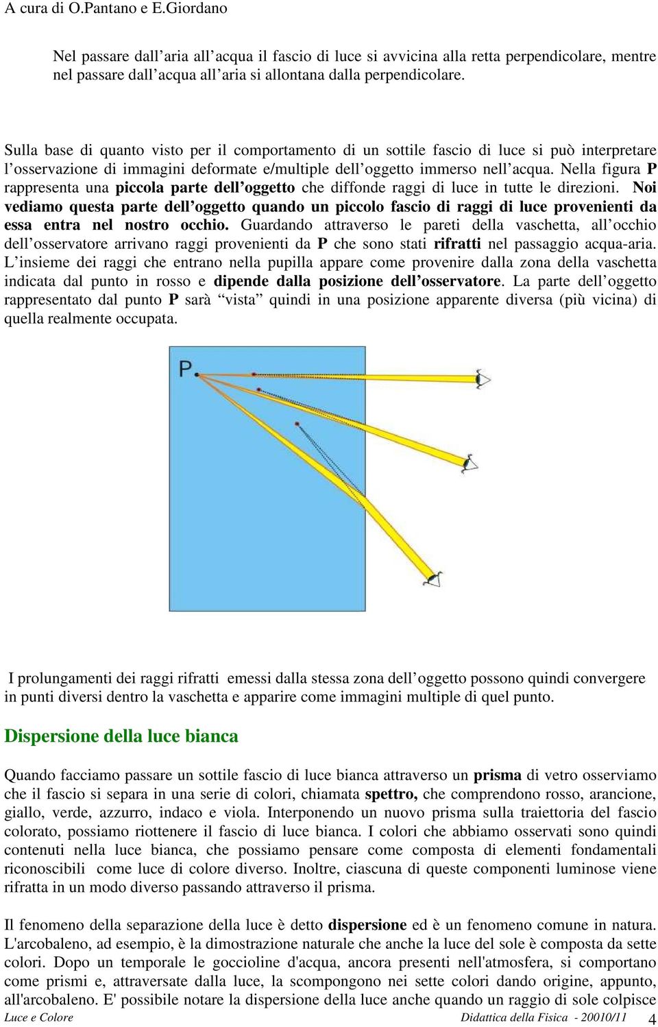 Nella figura P rappresenta una piccola parte dell oggetto che diffonde raggi di luce in tutte le direzioni.