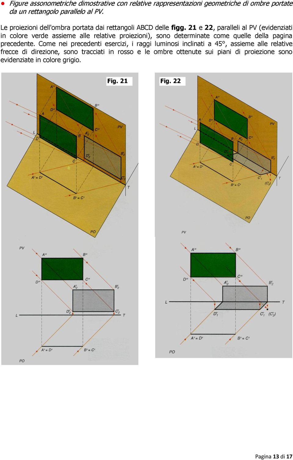 21 e 22, paralleli al PV (evidenziati in colore verde assieme alle relative proiezioni), sono determinate come quelle della pagina precedente.