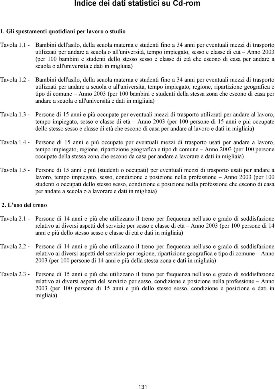 2003 (per 100 bambini e studenti dello stesso sesso e classe di età che escono di casa per andare a scuola o all'università e dati in migliaia) Tavola 1.