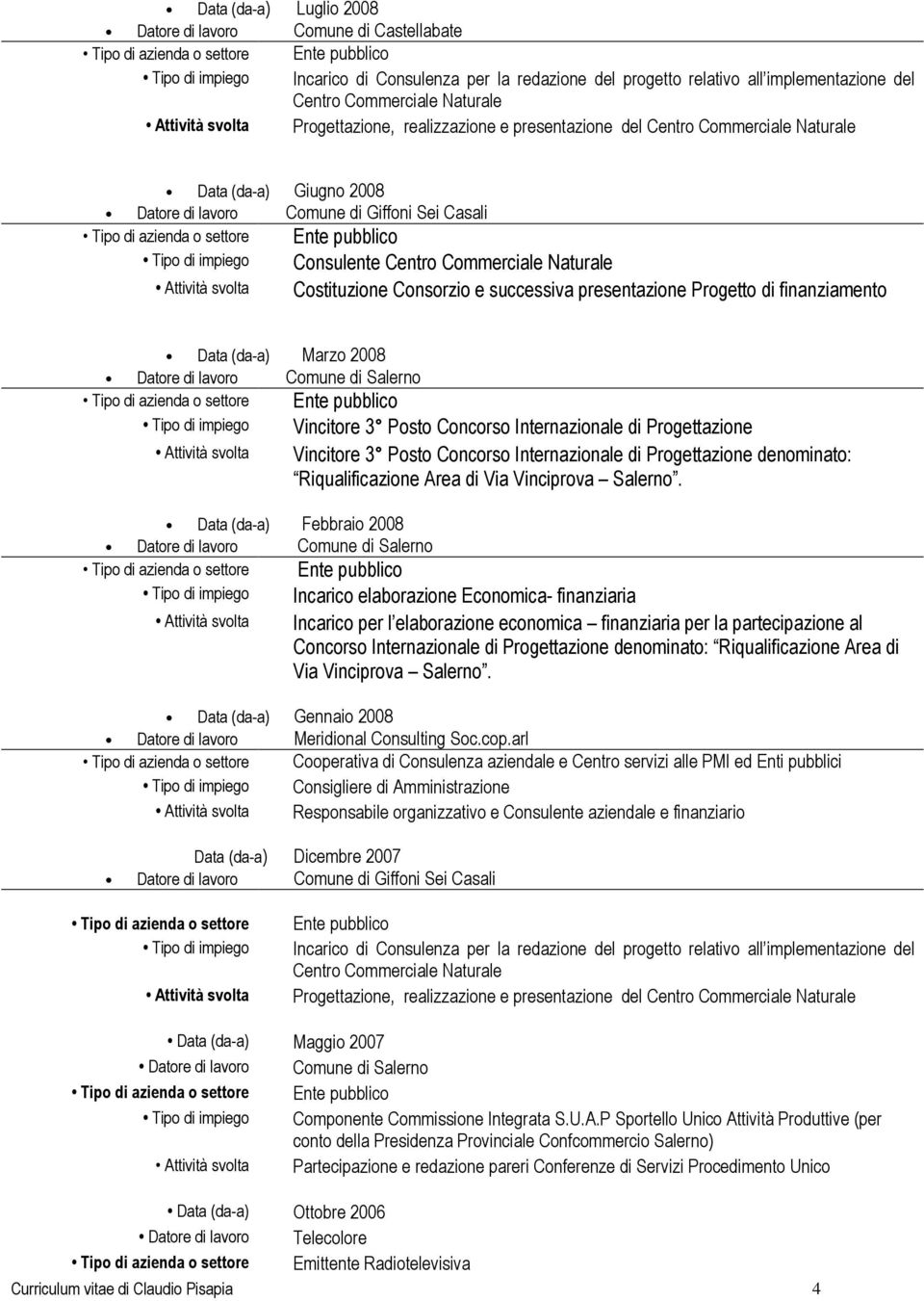 Commerciale Naturale Attività svolta Costituzione Consorzio e successiva presentazione Progetto di finanziamento Data (da-a) Marzo 2008 Datore di lavoro Comune di Salerno Tipo di impiego Vincitore 3