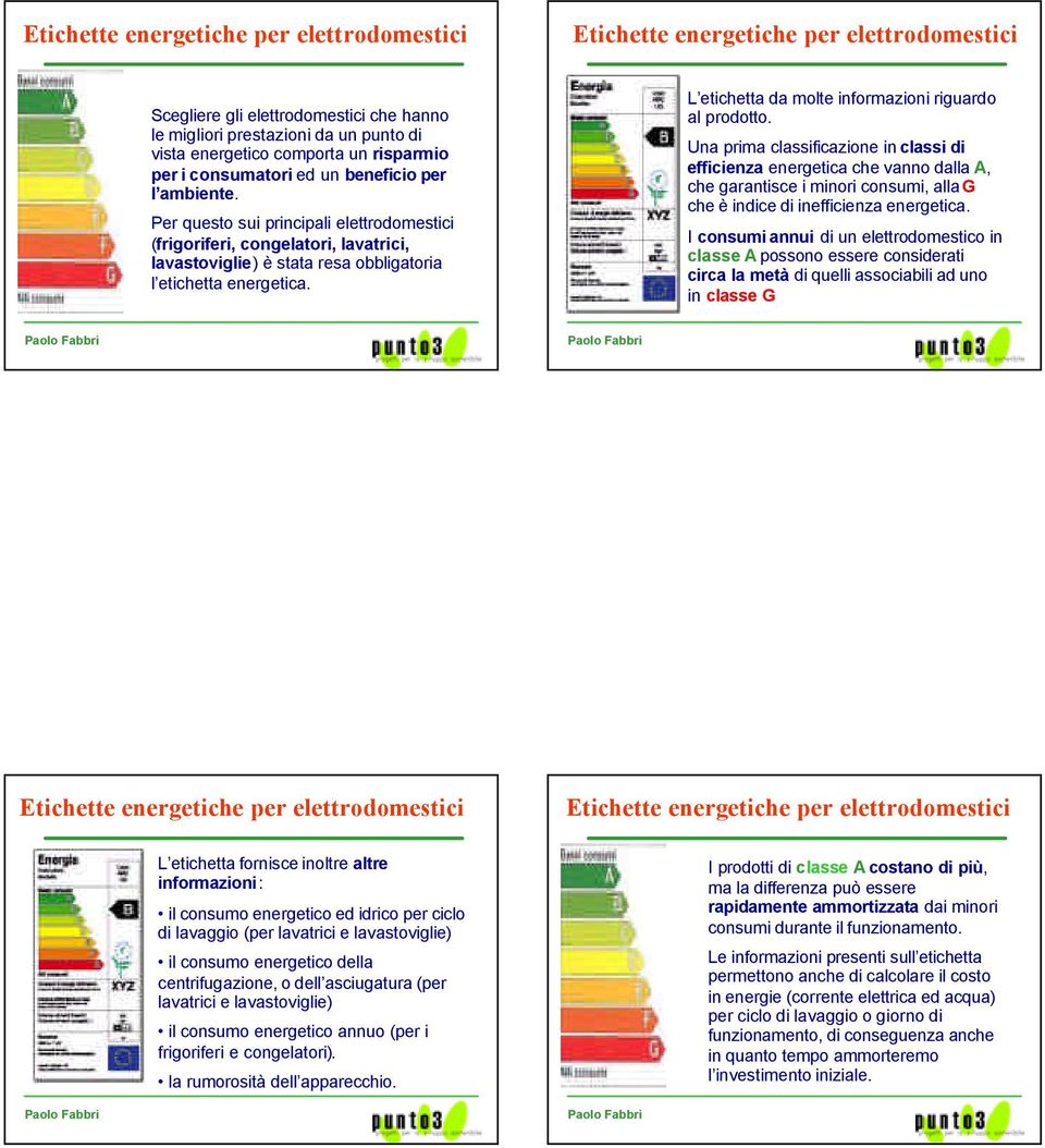 Per questo sui principali elettrodomestici (frigoriferi, congelatori, lavatrici, lavastoviglie) è stata resa obbligatoria l etichetta energetica.