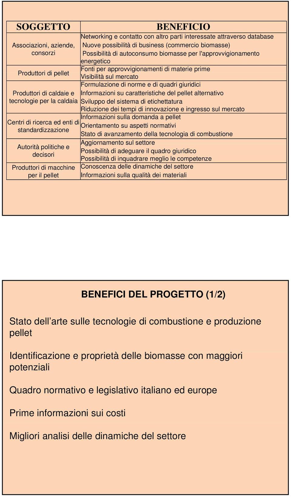 caldaie e Informazioni su caratteristiche del pellet alternativo tecnologie per la caldaia Sviluppo del sistema di etichettatura Riduzione dei tempi di innovazione e ingresso sul mercato Centri di