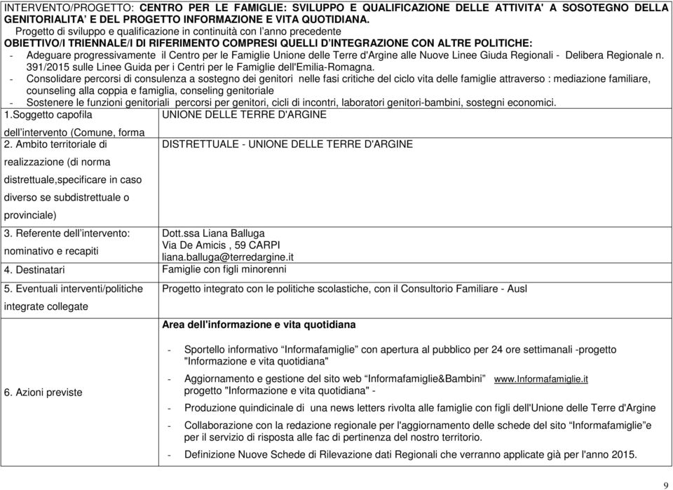 Centro per le Famiglie Unione delle Terre d'argine alle Nuove Linee Giuda Regionali - Delibera Regionale n. 391/2015 sulle Linee Guida per i Centri per le Famiglie dell'emilia-romagna.