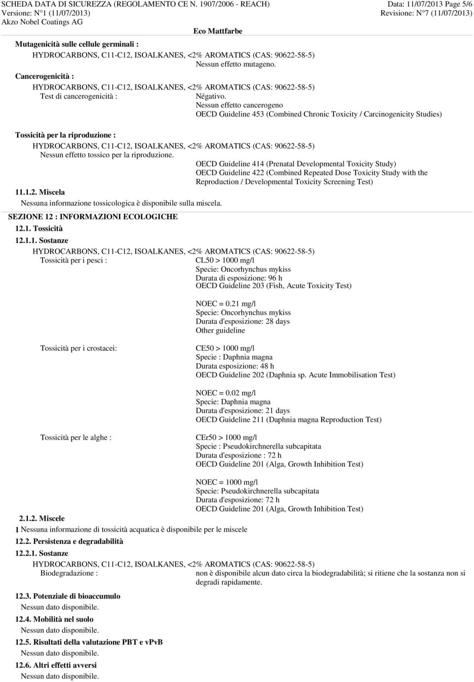 Nessun effetto cancerogeno OECD Guideline 453 (Combined Chronic Toxicity / Carcinogenicity Studies) Tossicità per la riproduzione : Nessun effetto tossico per la riproduzione.