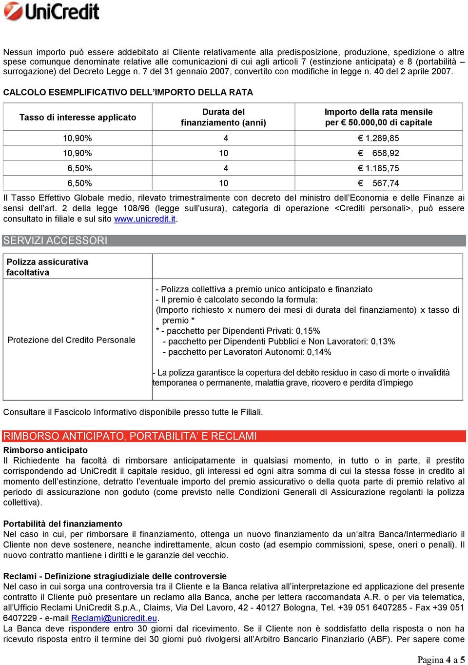 CALCOLO ESEMPLIFICATIVO DELL IMPORTO DELLA RATA Tasso di interesse applicato Durata del finanziamento (anni) Importo della rata mensile per 50.000,00 di capitale 10,90% 4 1.