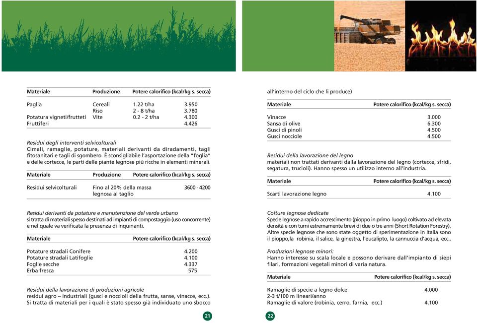 È sconsigliabile l asportazione della foglia e delle cortecce, le parti delle piante legnose più ricche in elementi minerali. Materiale Produzione Potere calorifico (kcal/kg s.