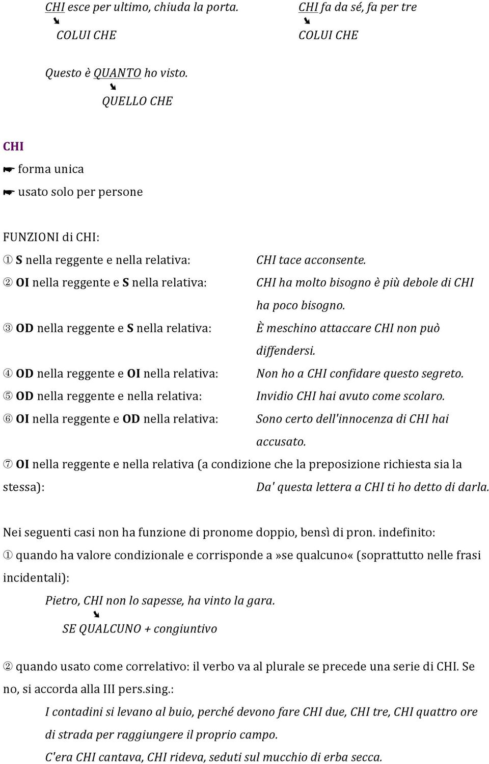 OI nella reggente e S nella relativa: CHI ha molto bisogno è più debole di CHI ha poco bisogno. OD nella reggente e S nella relativa: È meschino attaccare CHI non può diffendersi.