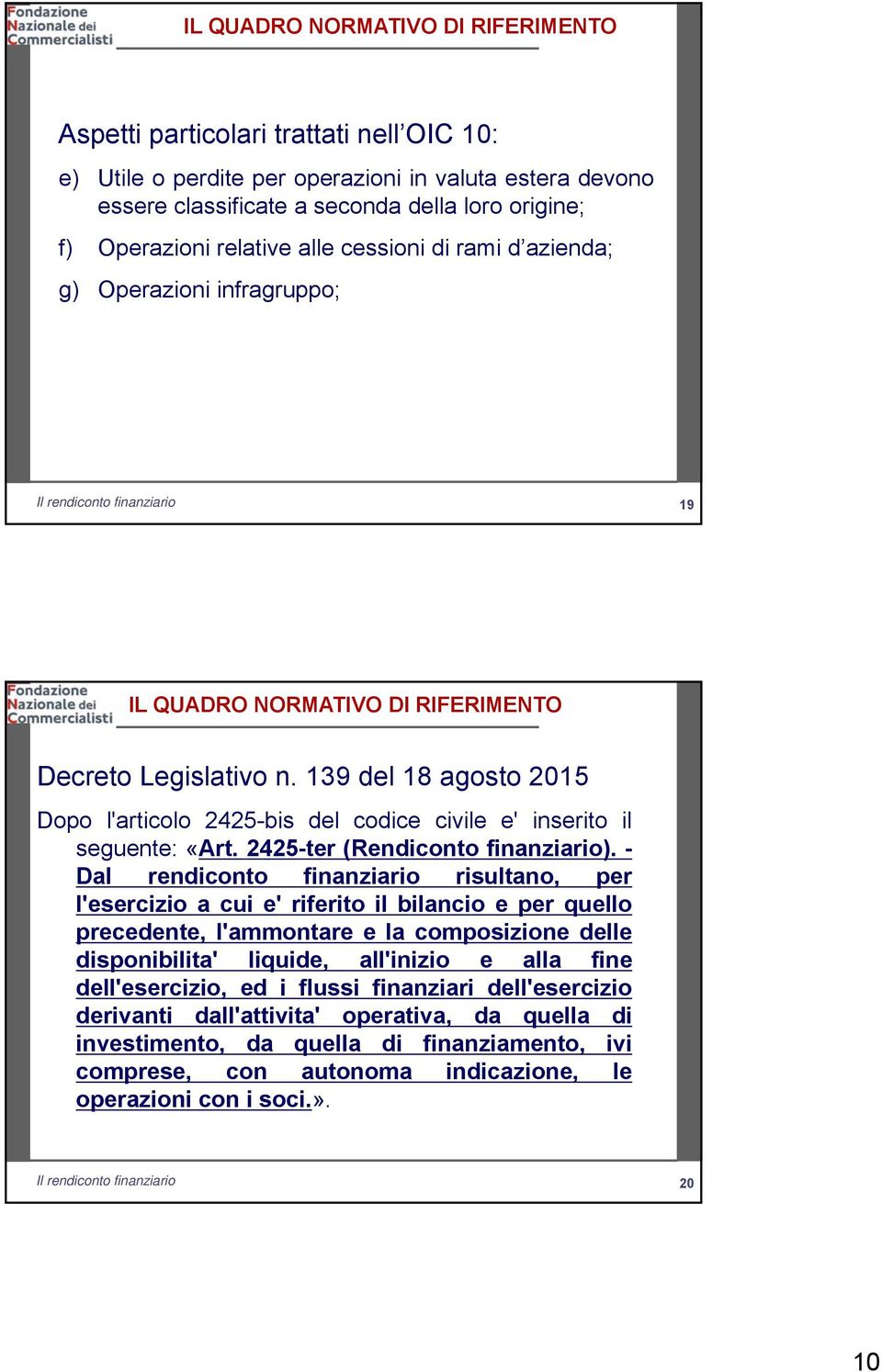 139 del 18 agosto 2015 Dopo l'articolo 2425-bis del codice civile e' inserito il seguente: «Art. 2425-ter (Rendiconto finanziario).