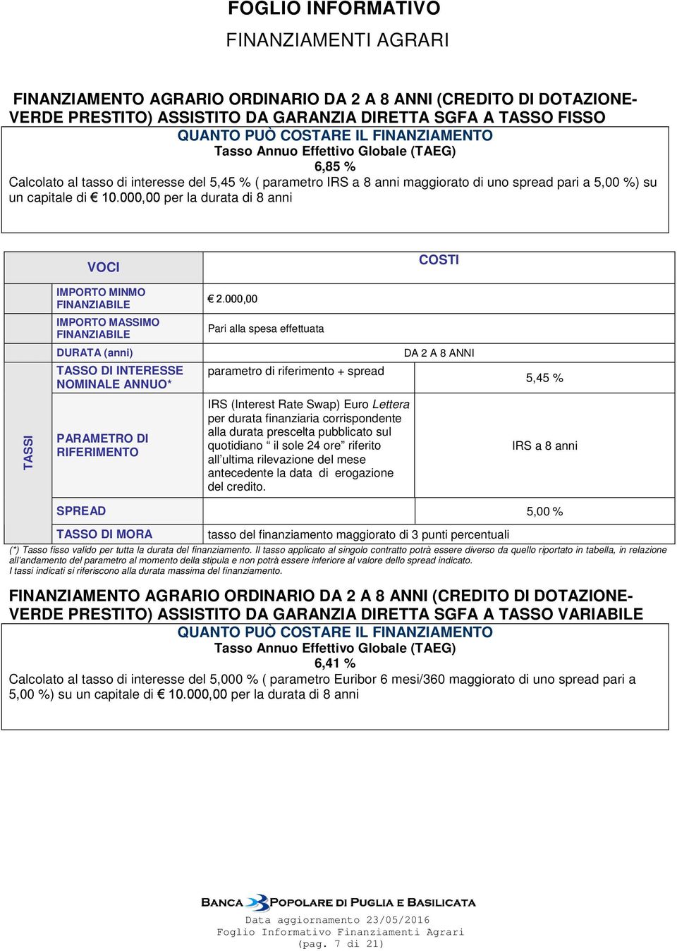 DI RIFERIMENTO Pari alla spesa effettuata parametro di riferimento + spread IRS (Interest Rate Swap) Euro Lettera per durata finanziaria corrispondente alla durata prescelta pubblicato sul quotidiano