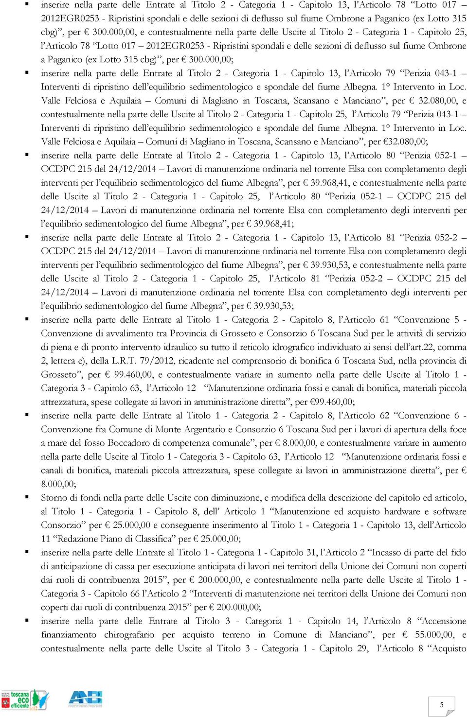 000,00, e contestualmente nella parte delle Uscite al Titolo 2 - Categoria 1 - Capitolo 25, l Articolo 78 Lotto 017 2012EGR0253 - Ripristini spondali e delle sezioni di deflusso sul fiume Ombrone a