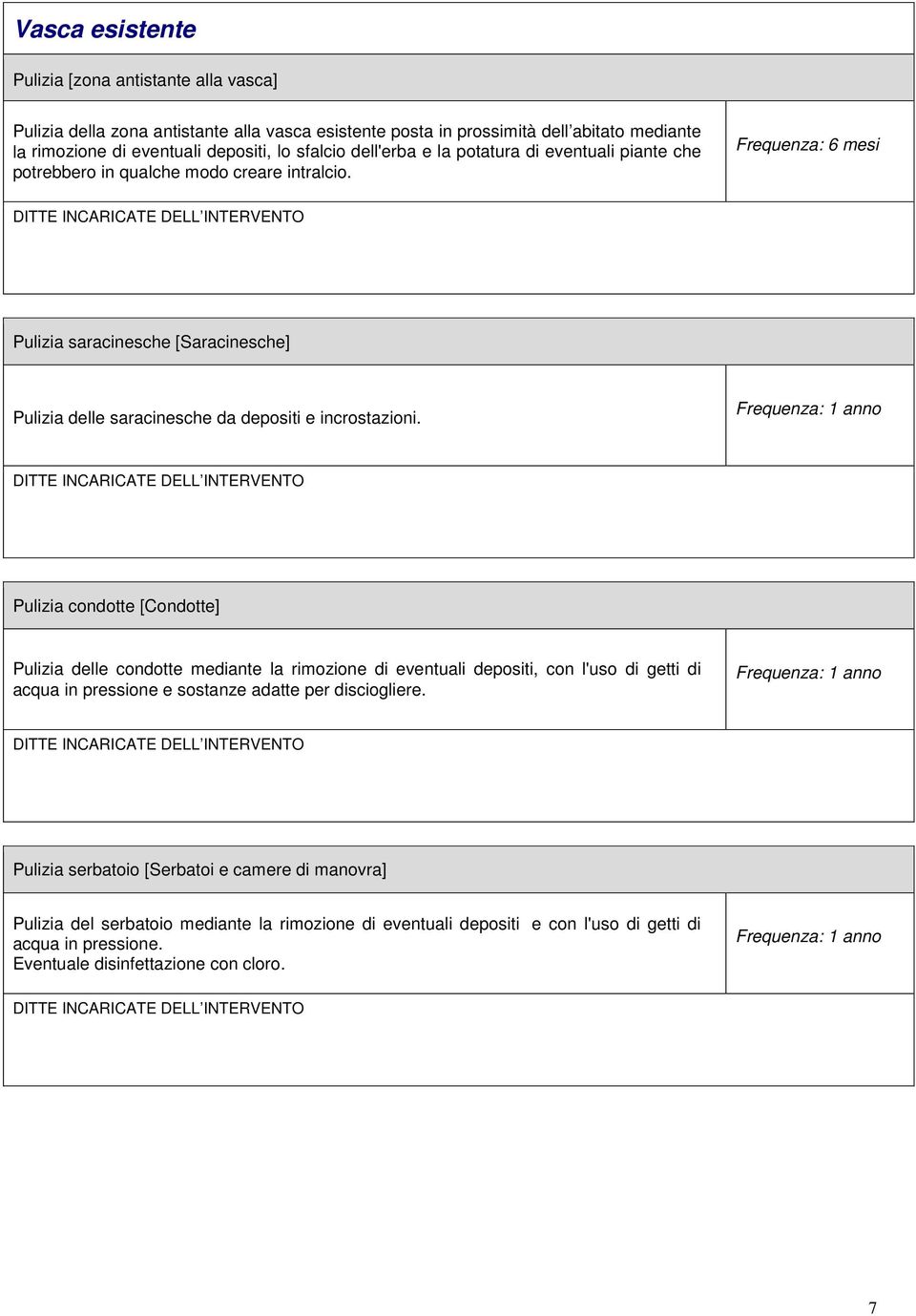 Frequenza: 6 mesi Pulizia saracinesche [Saracinesche] Pulizia delle saracinesche da depositi e incrostazioni.