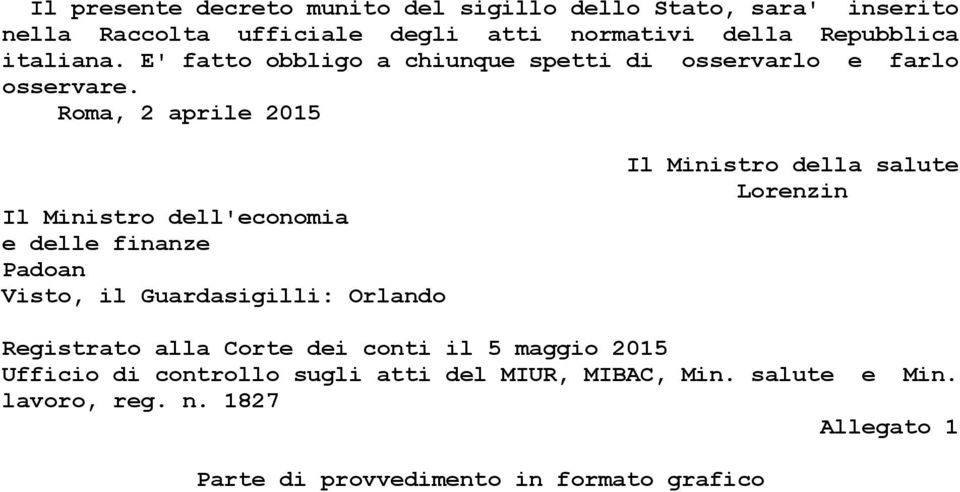 Roma, 2 aprile 2015 Il Ministro dell'economia e delle finanze Padoan Visto, il Guardasigilli: Orlando Il Ministro della salute