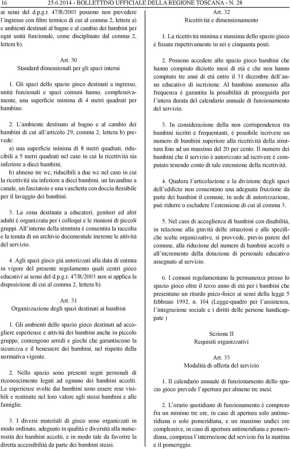 comma 2, lettera b). Art. 32 Ricettività e dimensionamento 1. La ricettività minima e massima dello spazio gioco è fissata rispettivamente in sei e cinquanta posti. Art. 30 Standard dimensionali per gli spazi interni 1.