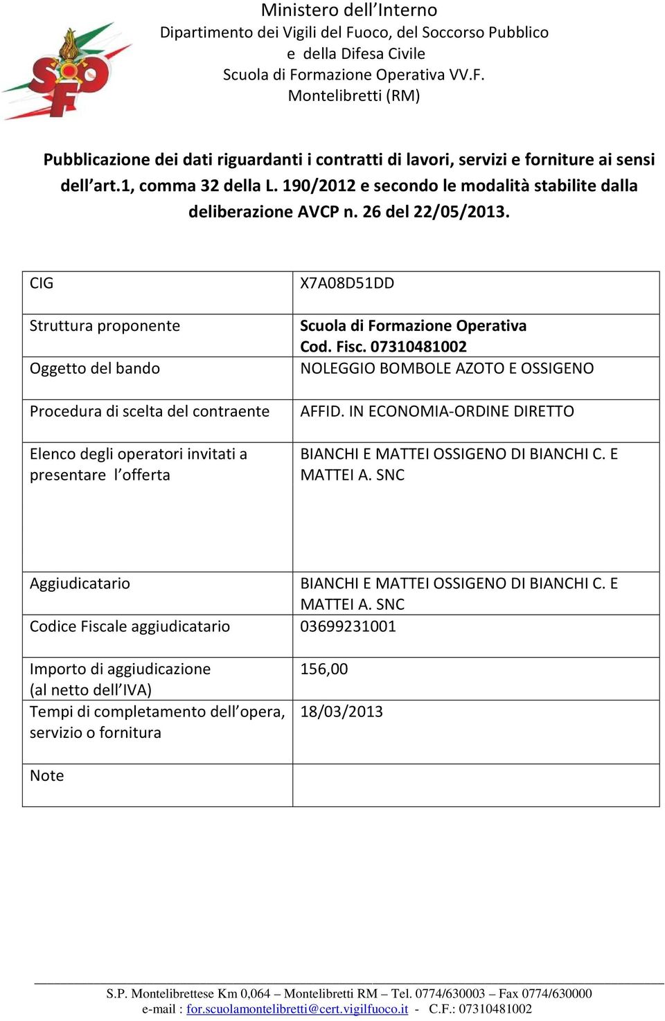 SNC BIANCHI  SNC Codice Fiscale aggiudicatario