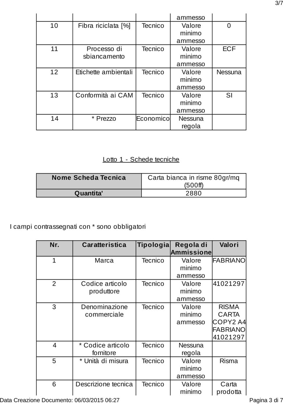 Caratteristica Tipologia Regola di Valori Ammissione 1 Marca FABRIANO 2 Codice articolo produttore 41021297 3 Denominazione commerciale 4 * Codice