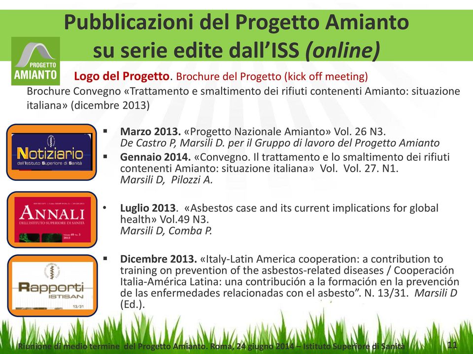 26 N3. De Castro P, Marsili D. per il Gruppo di lavoro del Progetto Amianto Gennaio 2014. «Convegno. Il trattamento e lo smaltimento dei rifiuti contenenti Amianto: situazione italiana» Vol. Vol. 27.