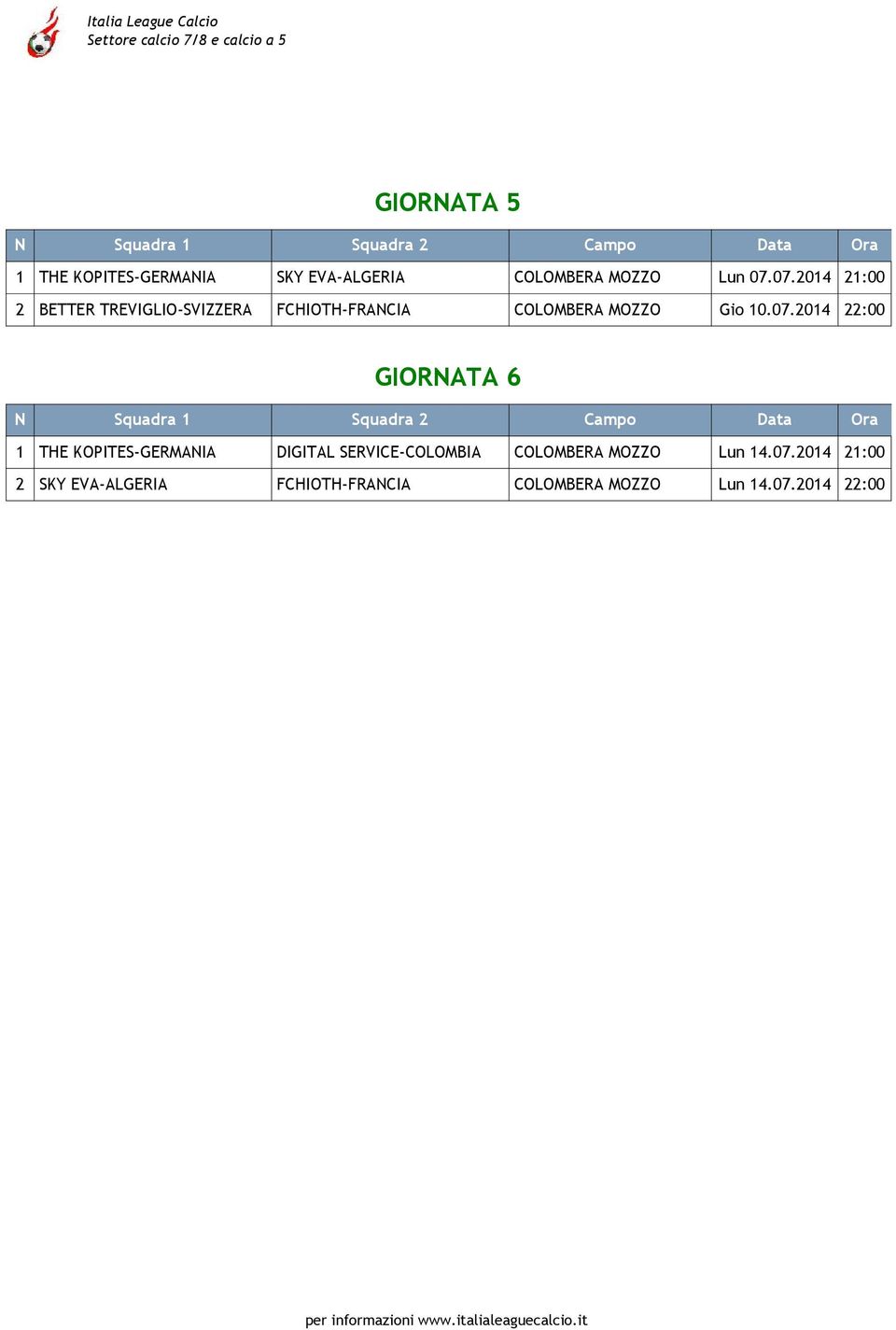 07.2014 21:00 2 BETTER TREVIGLIO-SVIZZERA FCHIOTH-FRANCIA COLOMBERA MOZZO Gio 10.07.2014 22:00