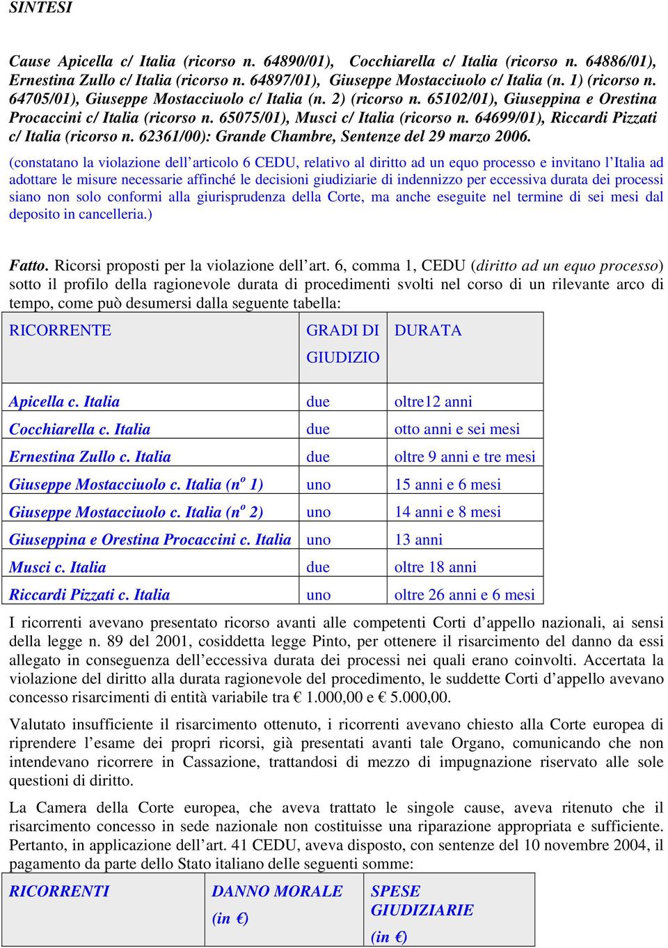 64699/01), Riccardi Pizzati c/ Italia (ricorso n. 62361/00): Grande Chambre, Sentenze del 29 marzo 2006.